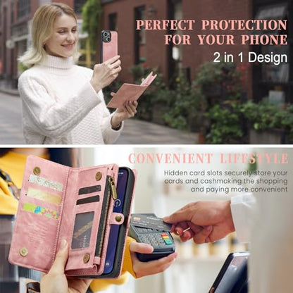 Compatible with iPhone 15 Plus Wallet Case with Magsafe,Pink | Magnetic Detachable Case,Card Holder,Zipper Pocket,Strap Wristlet, Soft Leather Drop-Proof Phone Case for iPhone 15 Plus - color: Pink, size: iPhone 15 Plus 6.7"
