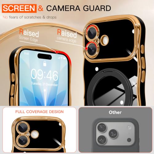 tharlet for iPhone 17 Case Black with 360° Spin Magnetic Stand | Cute Luxury Plating Gold Curly Wave Edge, [Compatible with Magsafe] Full Camera Lens Protection ,Women Girl daily matching - color: Black Curly Edge, size: iPhone 17