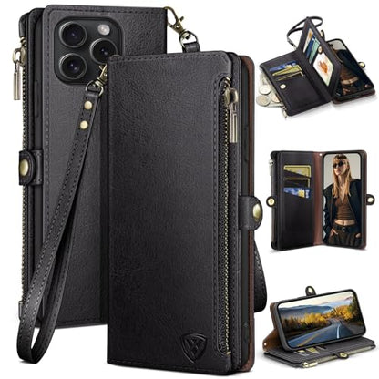 XcaseBar Compatible with iPhone 16 Pro 6.3" Wallet case with Zipper Credit Card Holder【RFID Blocking】,Flip Folio Book PU Leather Phone case Shockproof Cover Women Men for Apple 16 Pro case Black - color: Black