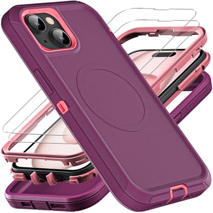 YKHJKLEC for iPhone 15 Case, Compatible with Magsafe, Military Grade 3 in 1 Heavy Duty Shockproof/Drop Proof/Dust Proof Case with 2Pcs Tempered Glass Screen Protector (New-Purple/Pink) - color: New-Purple/Pink