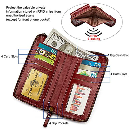 S-ZONE Women RFID Blocking Crossbody Cell Phone Purse PU Leather Wallet | Card Slots, Anti-theft, Multi Pockets, Detachable Adjustable Strap, Small, Travel Eveyday Shopping Outing - color: Red