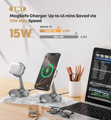 TXXTOL Magnetic Wireless Charger iPhone Stand, 15W Fast Mag-Safe Charger iPhone 17/17 Air/17 Pro/17 Pro Max 16/15/14/13/12 Series Magnet Wireless Charging Station/Pad/AirPods for Home, Office, Travel - color: 1Pack Grey