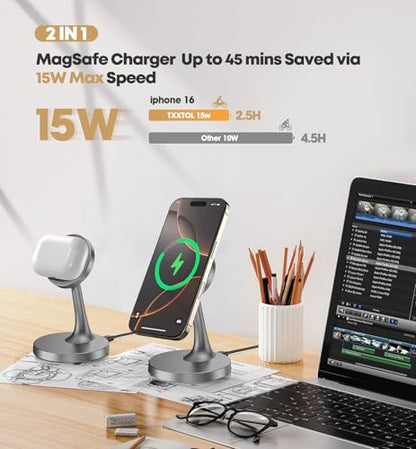 TXXTOL Magnetic Wireless Charger iPhone Stand, 15W Fast Mag-Safe Charger iPhone 17/17 Air/17 Pro/17 Pro Max 16/15/14/13/12 Series Magnet Wireless Charging Station/Pad/AirPods for Home, Office, Travel - color: 1Pack Grey