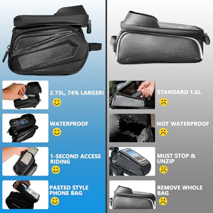 Bike Frame Bag Waterproof, Touchscreen Phone Holder for Top Tube & Ebike | Waterproof touchscreen bike phone holder for top tube, handlebar & ebike; EVA hardcase fits 7" phones, 360 swivel detachable