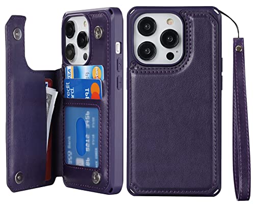 iCoverCase Compatible with iPhone 14 Pro Wallet Phone Case with Card Holder for Women, RFID Blocking Embossed PU Leather Wrist Strap Case 6.1 Inch (Macaron Dark Purple) - color: P-Dark Purple
