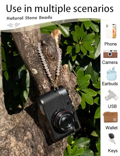 CH.yishi Beaded Phone Charm Wrist Strap with Tether Tab,Camera Lanyard - color: Rose Quartz