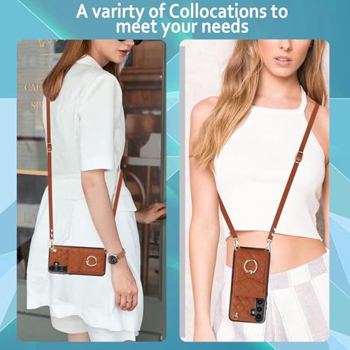 Phone Case for Samsung Galaxy S24 5G Wallet Cover with Tempered Glass Screen Protector Crossbody Wrist Strap Ring Stand RFID Blocking Credit Card Holder Cell S 24 24S G5 SM-S921U Women Men Girls Brown - color: Brown