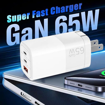 65W GaN Fast Charger, 3-Port USB C PD Power Adapter