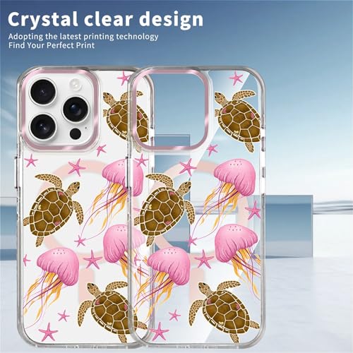 VisEnt Clear Case for iPhone 15 Pro, Magnetic Phone Case, Transparent Slim Cover, Military Grade Protection, Shockproof, Anti-Yellowing, Scratch Resistant, Pink Jellyfish Sea Turtle - color: Pink Jellyfish Sea Turtle, size: Iphone 15 Pro