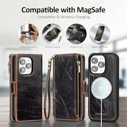 Antsturdy Compatible with MagSafe iPhone 13 Pro Wallet Case,Coffee | Detachable Magnetic Credit Card Holder,RFID Blocking,PU Leather Zipper Purse,Wrist Strap Kickstand,Flip Phone Cover for Women - color: (Detachable with Magsafe)-Coffee