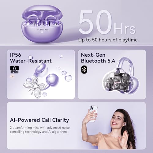 Kinglucky ClipFree Open-Ear Headphones, Butterfly-Inspired Ear-Cuff Design, Stylish & Comfortable Clip-On Ear Buds, Wireless Earbuds for Women, Long Battery Life, Great for Gifting - Purple - color: Purple
