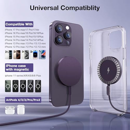 Magnetic Wireless Charger for iPhone: Compatible with Magsafe Charger iPhone 17 16 15 14 13 12 Series & Airpods 4 3 2 Pro-Fast 15W Max Charging Pad Strong Magnet, Dual USB-C/A Ports-Home Office Travel