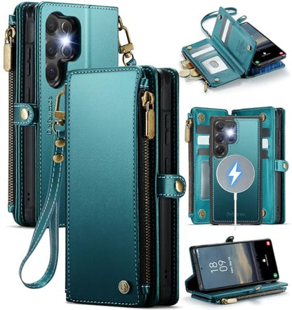 Defencase for Galaxy S23 Ultra Case Wallet Compatible with Magsafe, Green | Magnetic Detachable, RFID Bolcking Card Holder, Zipper Strap, PU Leather Drop-Proof Phone Cover for Samsung Galaxy S23 Ultra - color: (Detachable with Magsafe)-Blue Green