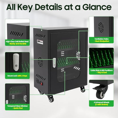 30 Slots Cell Phones Charging Station, Rechargeable Cellphone Locker Storage Charging Station, Mobile Charging Cart with Charging Ports, Wheels & Combination Lock (Black) - color: Black