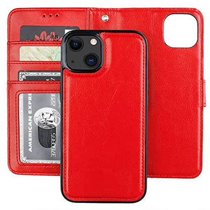 Bocasal Detachable Wallet Case Card Holder for iPhone 13, Red | RFID Blocking Kickstand Card Slots Holder PU Leather Magnetic Shockproof Wrist Strap Removable Flip Protective Cover 6.1 inch - color: Red