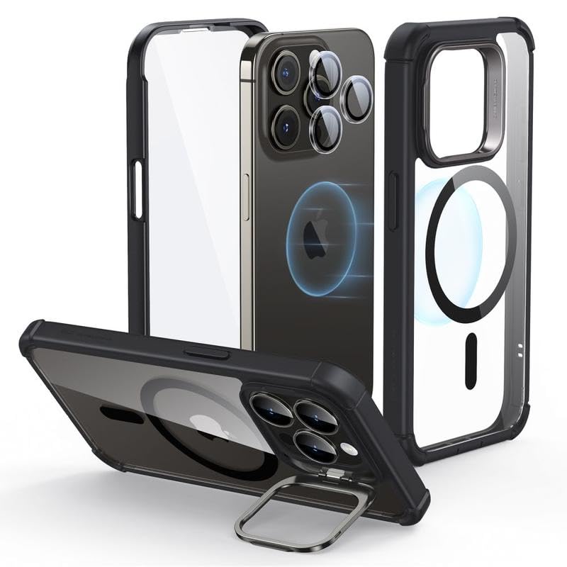 ESR for iPhone 15 Pro Case with Stand, Compatible with MagSafe, Full-Body Military-Grade Drop Proof Case with Built-in 9H+ Tempered Glass Screen Protector, Armor Series, Clear Black - color: Clear Black + Stand