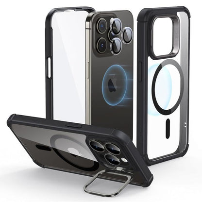 ESR for iPhone 15 Pro Case with Stand, Compatible with MagSafe, Full-Body Military-Grade Drop Proof Case with Built-in 9H+ Tempered Glass Screen Protector, Armor Series, Clear Black - color: Clear Black + Stand