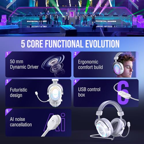 FIFINE AmpliGame H13WP USB Gaming Headset Wired, Customizable RGB Light - color: White and Purple