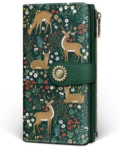 GIANCOMICS Cute Womens Wallet RFID, Flower Forest Credit Card Holder Bifold | Billfold, Cute Cash Purse, Travel Zipper Coin Pocket, Compact Clutch, PU Leather, ID Window, 11 Card Slots, Ladies Gift Woman - color: Cute Deer
