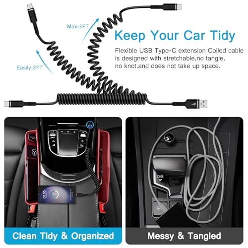 Coiled USB C to USB A Cable Fast Charging Retractable Android Phone Cord - color: Full Black