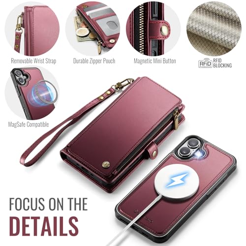 Defencase for iPhone 17 Phone Case Wallet Compatible with Magsafe, Wine Red | Magnetic Detachable, Drop-Proof Protective Wallet Cases Cover, with RFID Bolcking Card Holder, Zipper Strap, Soft PU Leather - color: (Detachable with Magsafe)-Wine Red