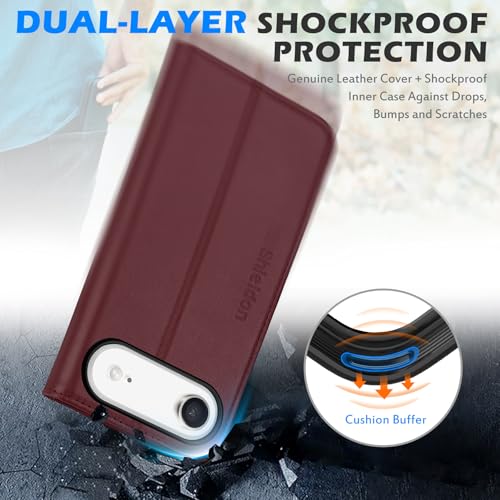 SHIELDON Genuine Leather Wallet Case for iPhone Air 6.5" 2025, Wine Red | Magnetic Closure, RFID Blocking, Credit Card Slot, Kickstand, Flip Book Design, Shockproof Phone Cover - color: Wine Red