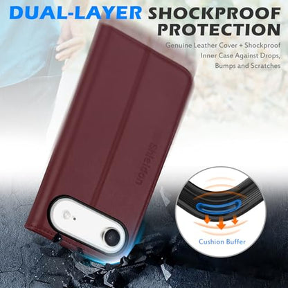 SHIELDON Genuine Leather Wallet Case for iPhone Air 6.5" 2025, Wine Red | Magnetic Closure, RFID Blocking, Credit Card Slot, Kickstand, Flip Book Design, Shockproof Phone Cover - color: Wine Red