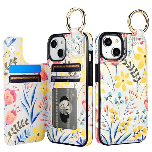 HAOPINSH for iPhone 13 iPhone 14 Wallet Case with Card Holder, Floral Flower Print Back Flip Folio PU Leather Kickstand Card Slots Case, Finger Grip Ring Double Magnetic Clasp Shockproof 6.1" - color: Floral Flower with Grip Ring