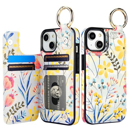HAOPINSH for iPhone 13 iPhone 14 Wallet Case with Card Holder, Floral Flower Print Back Flip Folio PU Leather Kickstand Card Slots Case, Finger Grip Ring Double Magnetic Clasp Shockproof 6.1" - color: Floral Flower with Grip Ring