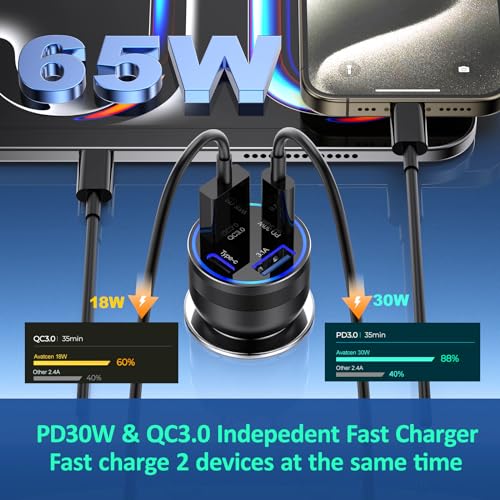 65W USB C Car Charger, 4-Port Cigarette Lighter Adapter PD30W Fast Charging - color: Black, size: 2 Pack