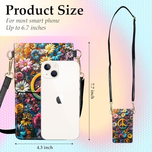 Small Crossbody Bags for Women Touchscreen Cell Phone Bag Cross Body Purses with adjustable Strap,Gifts For Teenage Girls-Vibrant Floral Peace Sign