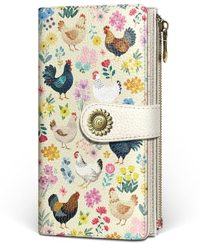GIANCOMICS Chicken Rooster Womens Wallet RFID, Credit Card Holder Bifold | Billfold, Cute Cash Purse, Travel Zipper Coin Pocket, Compact Clutch, PU Leather, ID Window, 11 Card Slots, Ladies Gift Woman - color: Chicken