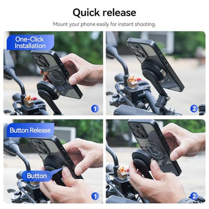 TELESIN Motorcycle Phone Mount Fit iPhone 15 Pro Max, Magnetic Motorcycle Phone Holder with Vibration Dampener & Metal Buckle [One-Click Unlock] with Magnetic Phone Case for 25 & 28 mm Handlebars