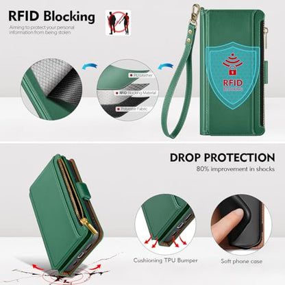 Antsturdy for iPhone 17 Pro Phone Wallet Case Women,Green | RFID Blocking,with Credit Card Holder Slots,PU Leather Purse,Zipper Pocket,Wrist Strap Kickstand,Flip Folio Cover for Men - color: Green