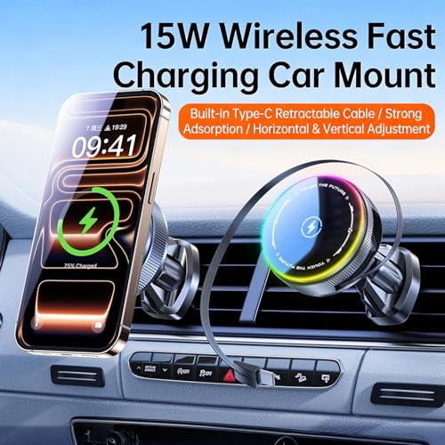 Car Mount Charger 15W Magnetic Phone Holder with Type-C Retractable Cable and RGB Light, Mag Wireless Charging Phone Mount for Air Vent Compatible with iPhone, Samsung, All Smartphones (Gray)