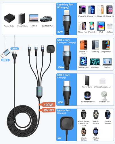 10FT Multi Charging Cable for Apple Watch, 100W Fast Charging, 4-in-2
