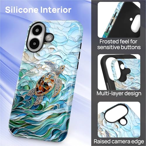 Case Compatible with iPhone 16 Plus, Cute Dual Layer Hybrid Phone Cover, Military Grade Drop Protection, Aesthetic Shockproof Phone Case for Women Girls, Stained Glass Sea Turtle - color: Stained Glass Sea Turtle, size: Iphone 16 Plus