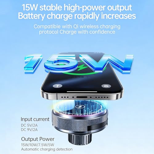 Car Mount Charger 15W Magnetic Phone Holder with Type-C Retractable Cable and RGB Light, Mag Wireless Charging Phone Mount for Air Vent Compatible with iPhone, Samsung, All Smartphones (Gray)