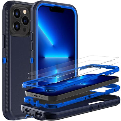 YKHJKLEC for iPhone 13 Pro Case, Military Grade 3 in 1 Heavy Duty Shockproof/Drop Proof/Dust Proof Case with 2Pcs Tempered Glass Screen Protector (Navy Blue) - color: Navy Blue