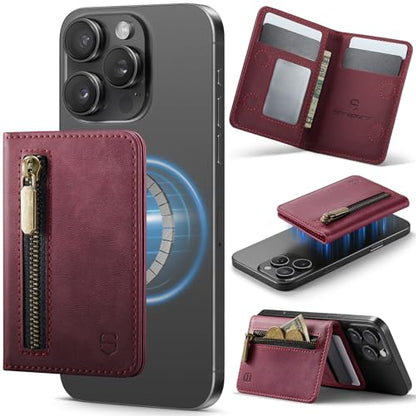 Strapurs Magnetic Card Holder Compatible with MagSafe Phones and Cases, PU Leather Phone Wallet for iPhone 17/16/15/14/13/12/Pro/Max/Plus/Air, 4 Card Slots RFID Blocking with Zipper Pocket - Burgundy - color: Wine Red