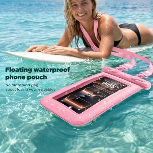 CACOE Floatable Waterproof Phone Pouch 2 Pack Up to 9.0", Black+Pink | Floatable, IPX8 Waterproof Phone Case,Adjustable Lanyard,Dry Bags for Beach/Cruise/Travel/Camping/Kayak/Vacation Essentials - color: Black+Pink#1, size: Up to 9.0"-Floatable