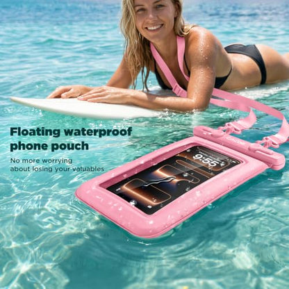 CACOE Floatable Waterproof Phone Pouch 2 Pack Up to 9.0", Black+Pink | Floatable, IPX8 Waterproof Phone Case,Adjustable Lanyard,Dry Bags for Beach/Cruise/Travel/Camping/Kayak/Vacation Essentials - color: Black+Pink#1, size: Up to 9.0"-Floatable