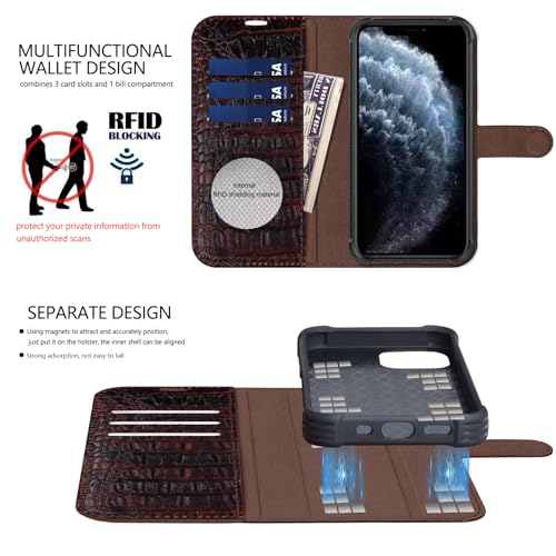 Leather Case Compatible with iPhone 16 Pro Wallet 6.3" | Genuine Leather 2-in-1 Magnetic Detachable Shockproof,Flip Folio Cover with Card Slot, RFID Blocking,Brownness - color: Brownness, size: 6.9”-16 Pro
