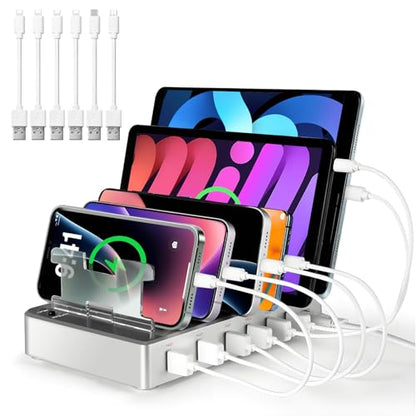 300W Charging Station for Multiple Devices, Fast Charging 6 Port Charging Station - Compatible with iPhone iPad Android Tablets, Home Office Travel Organizer