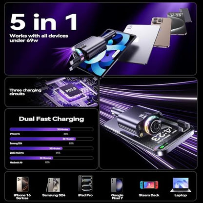 Smart Retractable Car Charger 69W USB C Fast Charge Air Freshener Starlight - color: Black