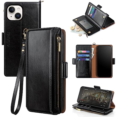 Antsturdy for iPhone 14 Phone Wallet Case Women,Black | RFID Blocking,with Credit Card Holder Slots,PU Leather Purse,Zipper Pocket,Wrist Strap Kickstand,Flip Folio Cover for Men - color: A-Black