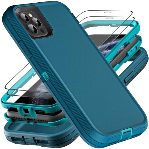 YKHJKLEC for iPhone 11 Pro Max Case, Military Grade 3 in 1 Heavy Duty Shockproof/Drop Proof/Dust Proof Case with 2Pcs Tempered Glass Screen Protector (Blue/Turquoise) - color: Blue/Turquoise