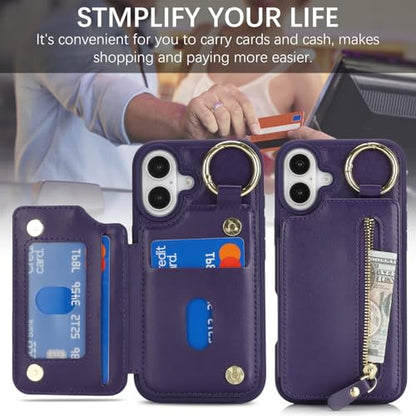 Ｈａｖａｙａ for iPhone 16 case Wallet with Card Holder for Women Men Shockproof Phone case with Keychain Ring Stand Leather Zipper Credit Card Slots-Deep Purple - color: Purple-Ring