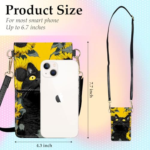 Small Crossbody Bags for Women Touchscreen Cell Phone Bag Cross Body Purses with adjustable Strap,Gifts For Teenage Girls - color: Black Cat & Sunflower