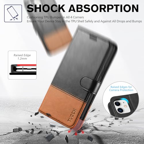 TUCCH Wallet Case for iPhone 11 (6.1") 2019, 3 Card Holders, Black & Brown | RFID Blocking, Viewing Stand, Shockproof TPU Shell, PU Leather, Magnetic Closure, Protective Folio Flip Cover - color: Black & Brown